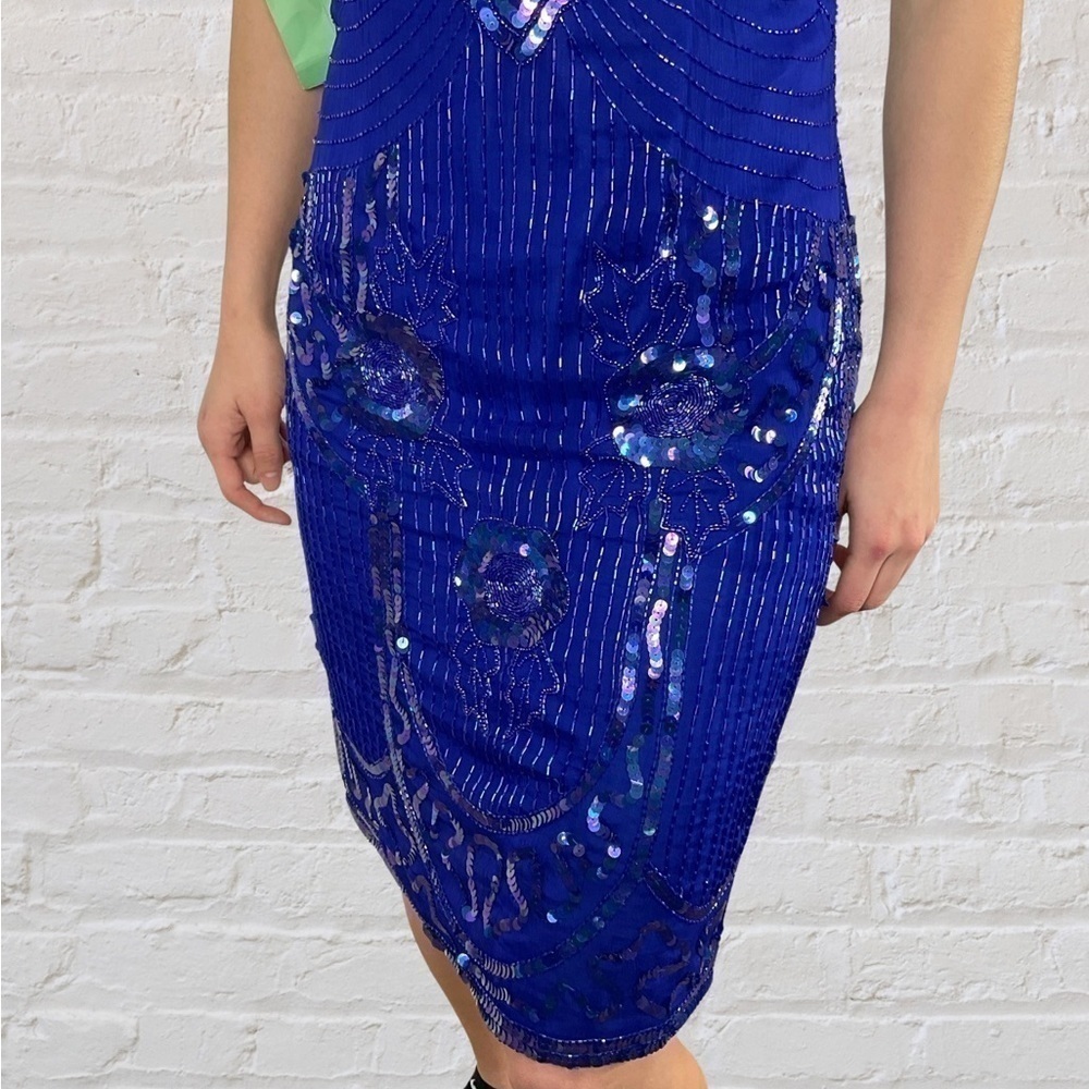 SCALA Milan Paris Los Angeles blue silk sequin vintage dress, New With Tags! - Picture 7 of 12